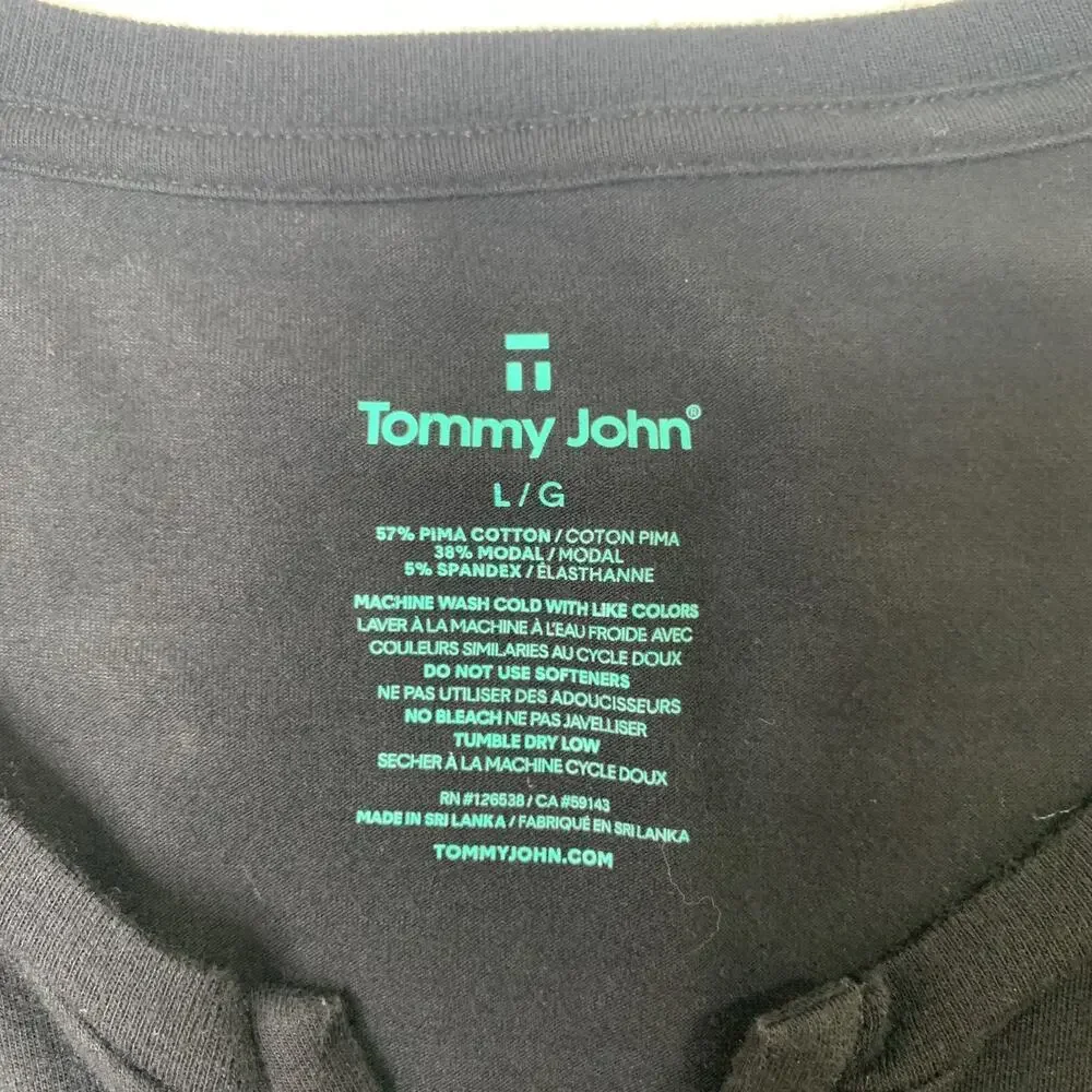Tommy John Shirt Mens Large Black Pima Cotton Blend Stretch Split V Neck Stretch